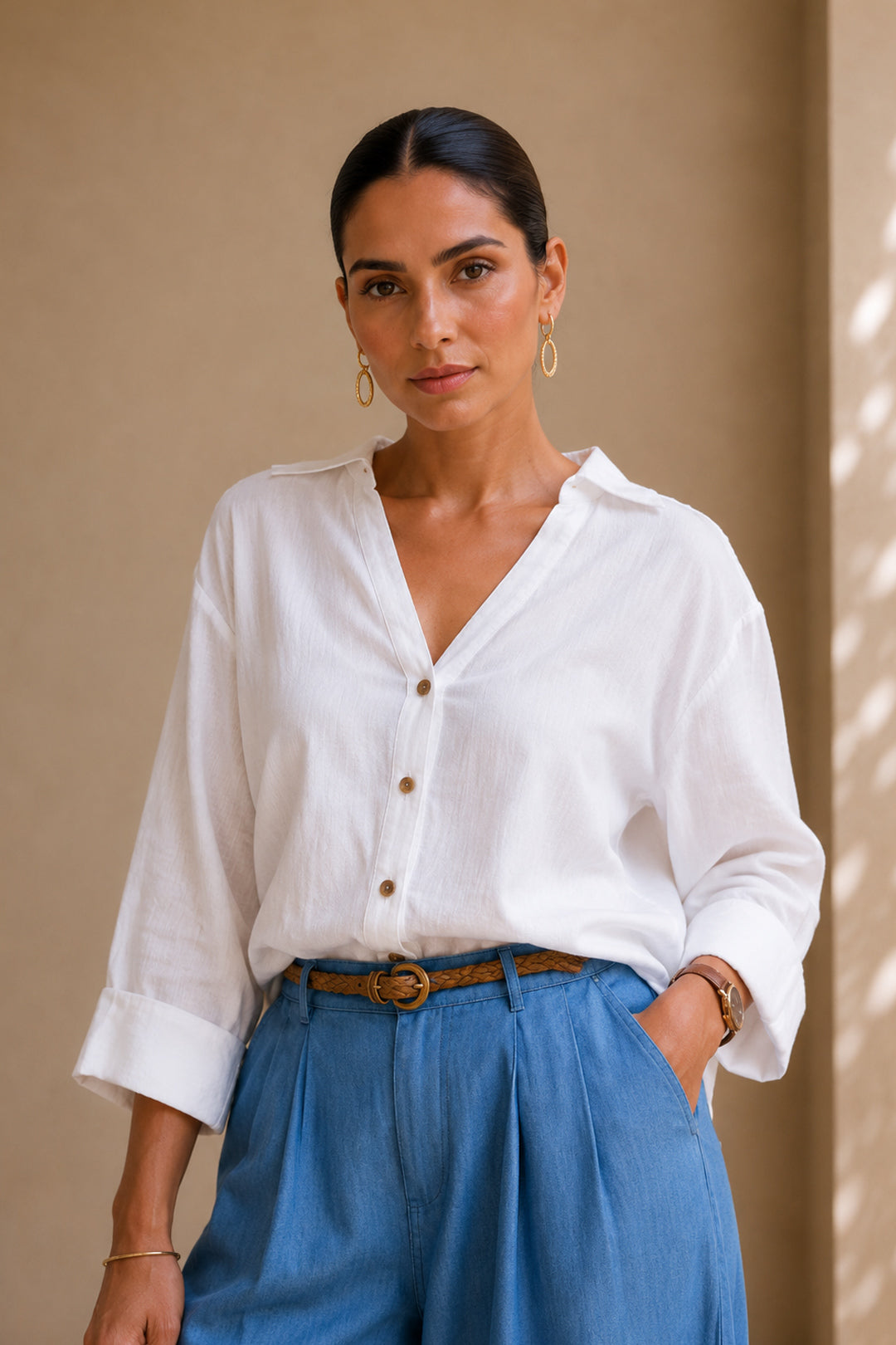 White Linen Blend Button-Down Shirt Top with Wooden Buttons – Casual & Resort Wear