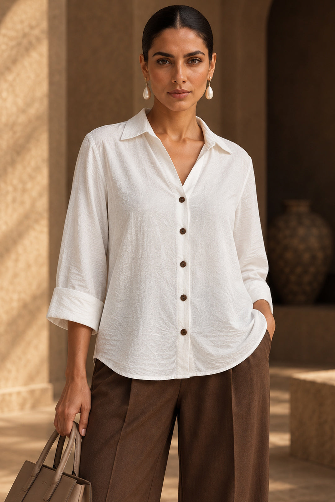 White Linen Blend Button-Down Shirt Top with Wooden Buttons – Casual & Resort Wear