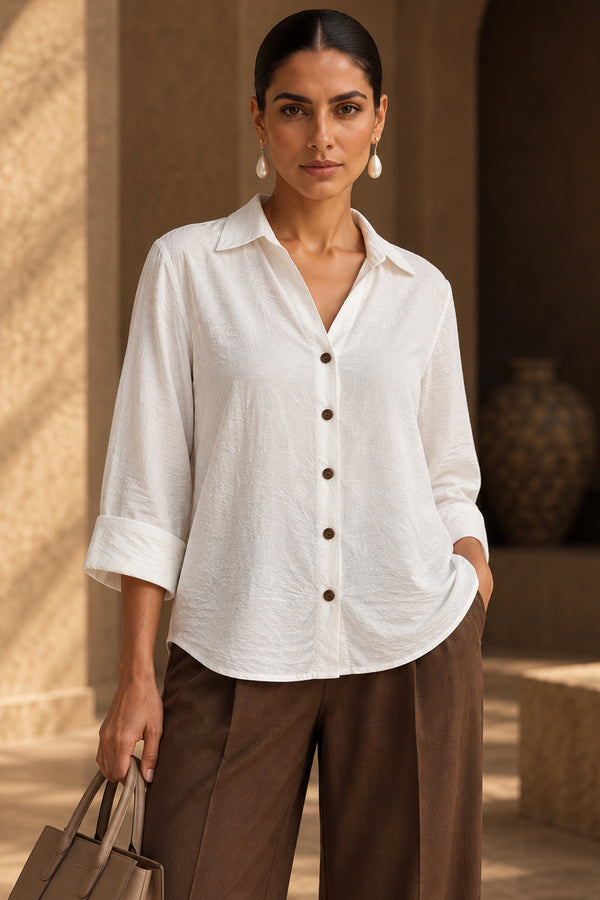 White Linen Blend Button-Down Shirt Top with Wooden Buttons – Casual & Resort Wear