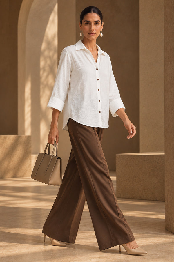 White Linen Blend Button-Down Shirt Top with Wooden Buttons – Casual & Resort Wear