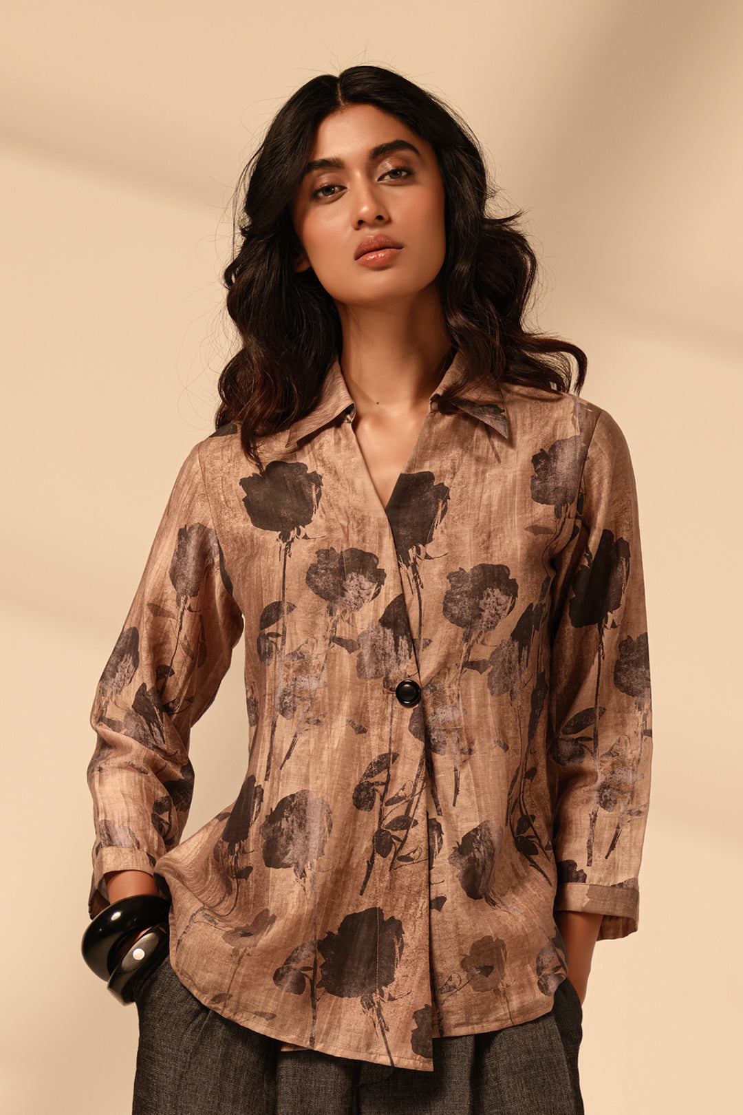 Earthy Brown Floral Cotton Silk Blend Printed Top | Contemporary Luxe
