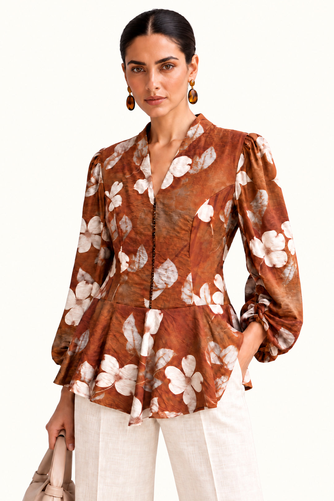 Brown Floral Print Cotton Silk V-Neck Puff Sleeve Peplum Top for Women