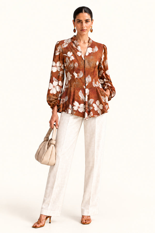 Brown Floral Print Cotton Silk V-Neck Puff Sleeve Peplum Top for Women