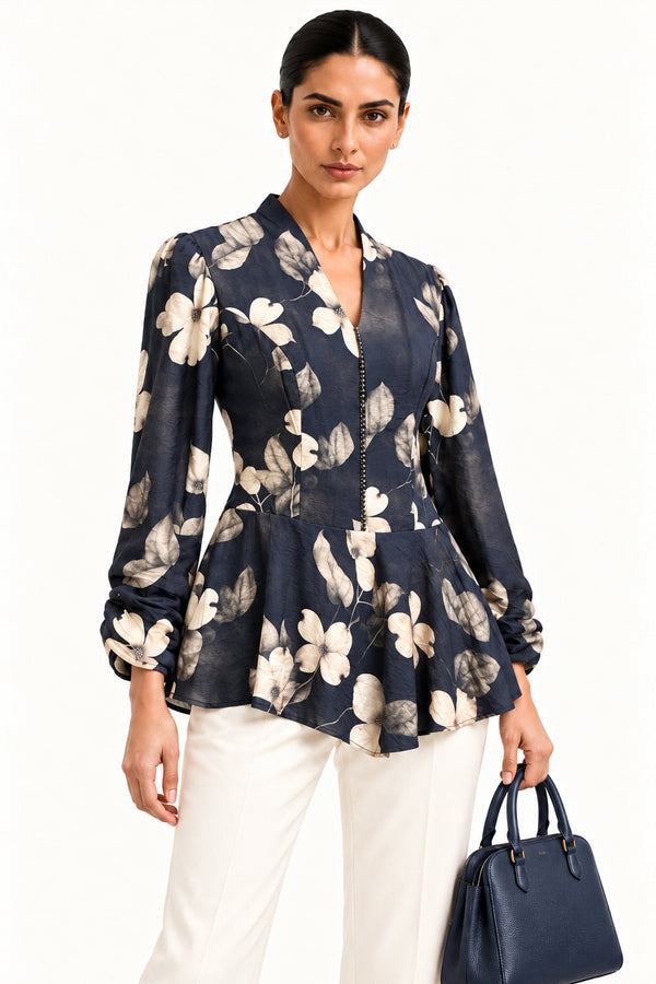 Navy Blue Floral Print Cotton Silk V-Neck Peplum Top for Women