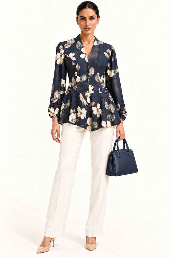Navy Blue Floral Print Cotton Silk V-Neck Peplum Top for Women