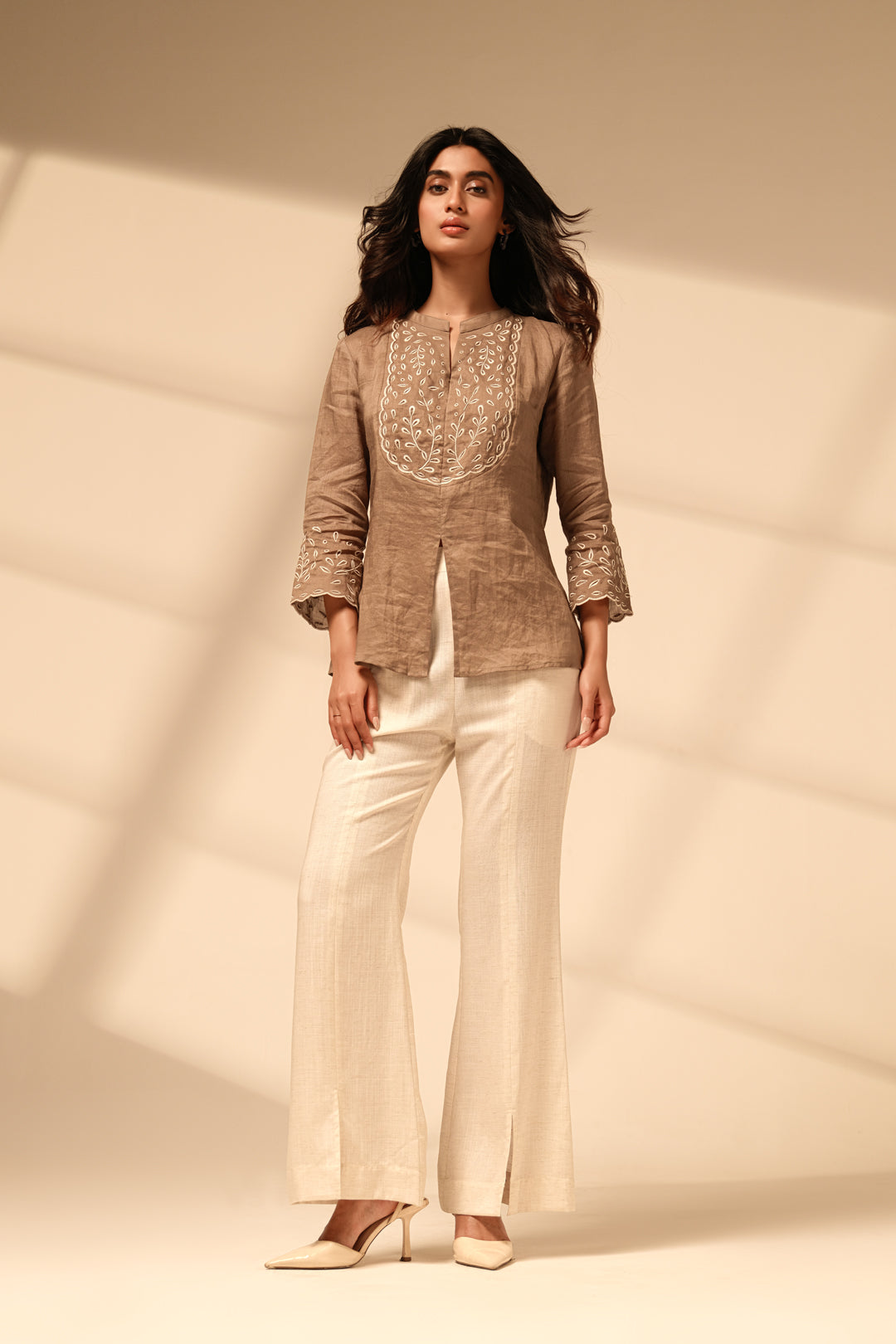 Taupe Brown Pure Linen Embroidered Co-ord Set with Ivory Pants | Contemporary Luxe Wear