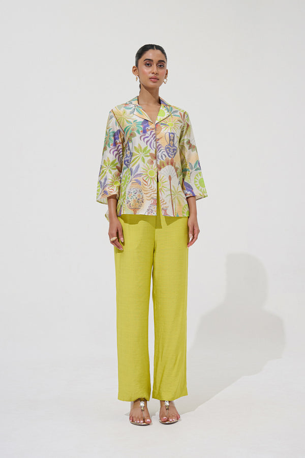 Multicolor Printed Linen Blend Co-ord Set with Lace Detailing – Resort & Evening Wear