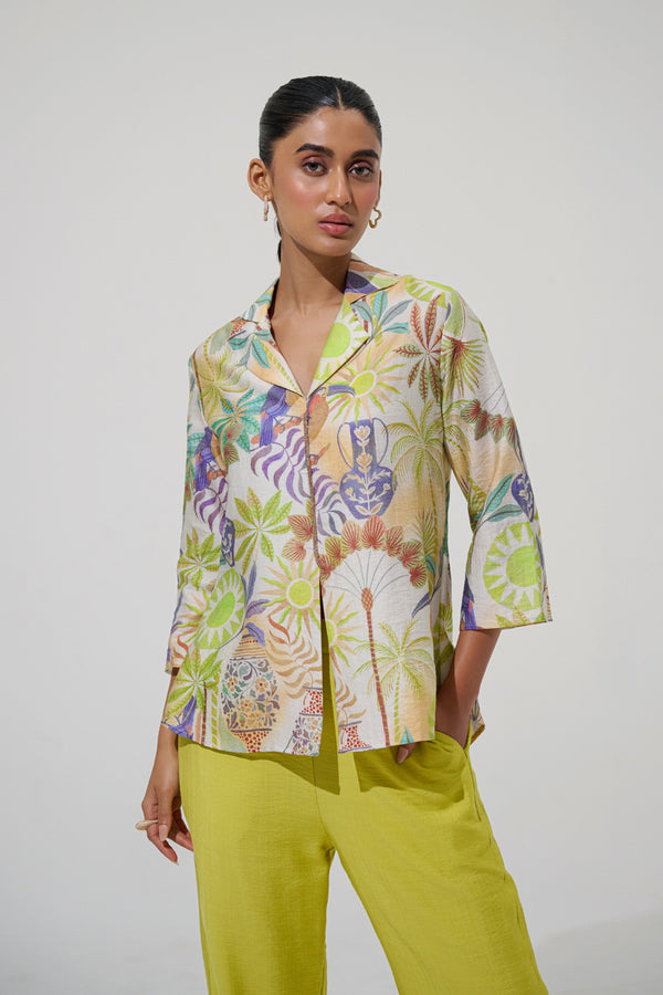Multicolor Printed Linen Blend Co-ord Set with Lace Detailing – Resort & Evening Wear
