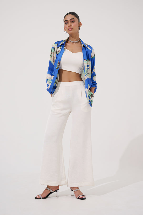 Royal Blue Printed Satin Chiffon 3-Piece Co-ord Set with Inner & Wide-Leg Bottom | Luxe Resort Wear
