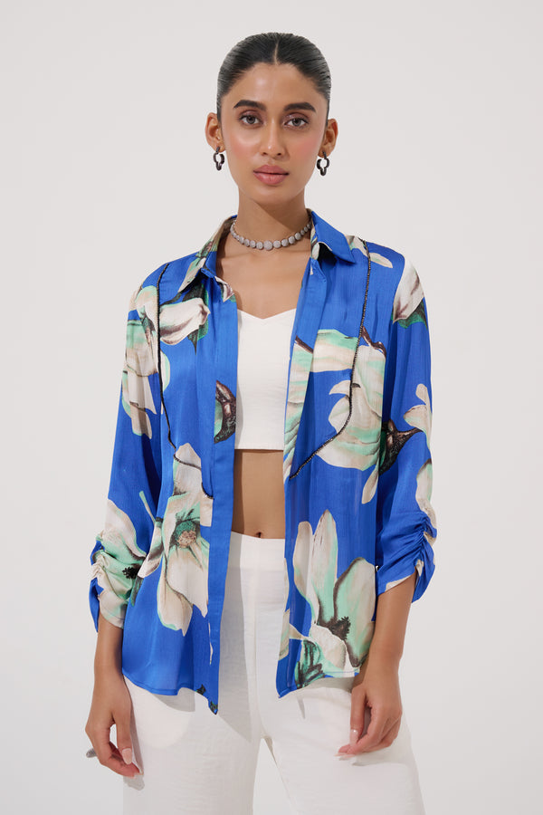 Royal Blue Printed Satin Chiffon 3-Piece Co-ord Set with Inner & Wide-Leg Bottom | Luxe Resort Wear