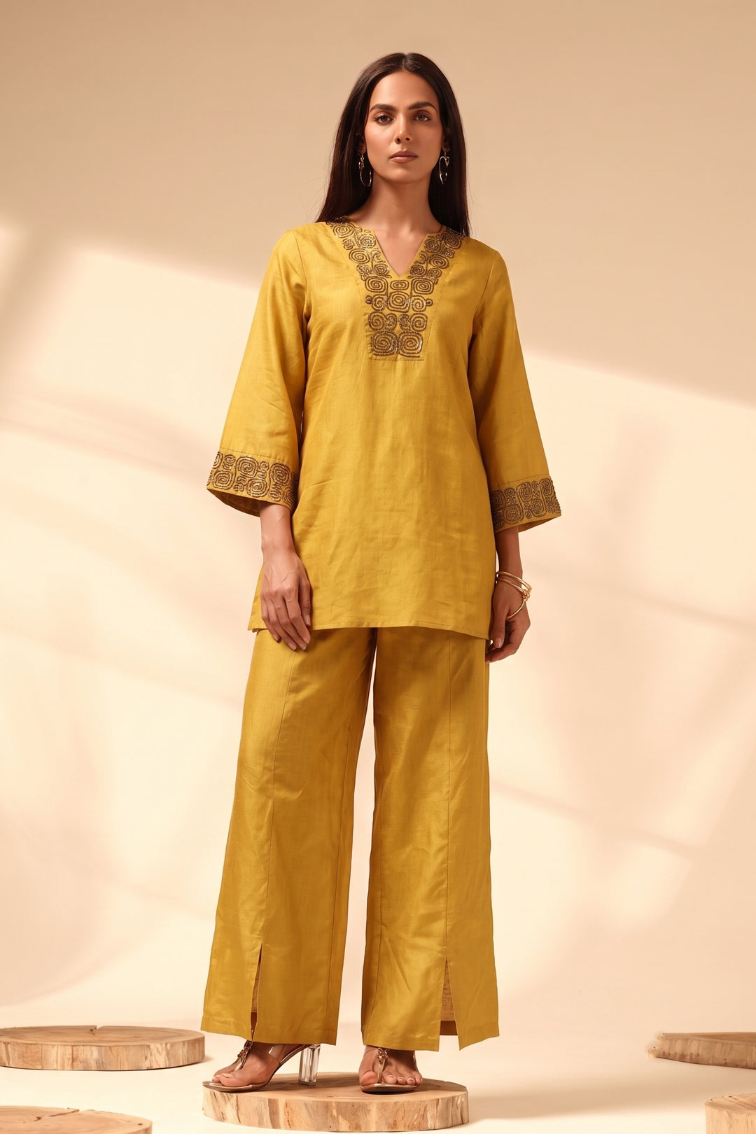 Mustard Yellow Pure Linen Handcrafted Embroidered Co-ord Set with Wide-Leg Pants | Heritage Luxe Wear