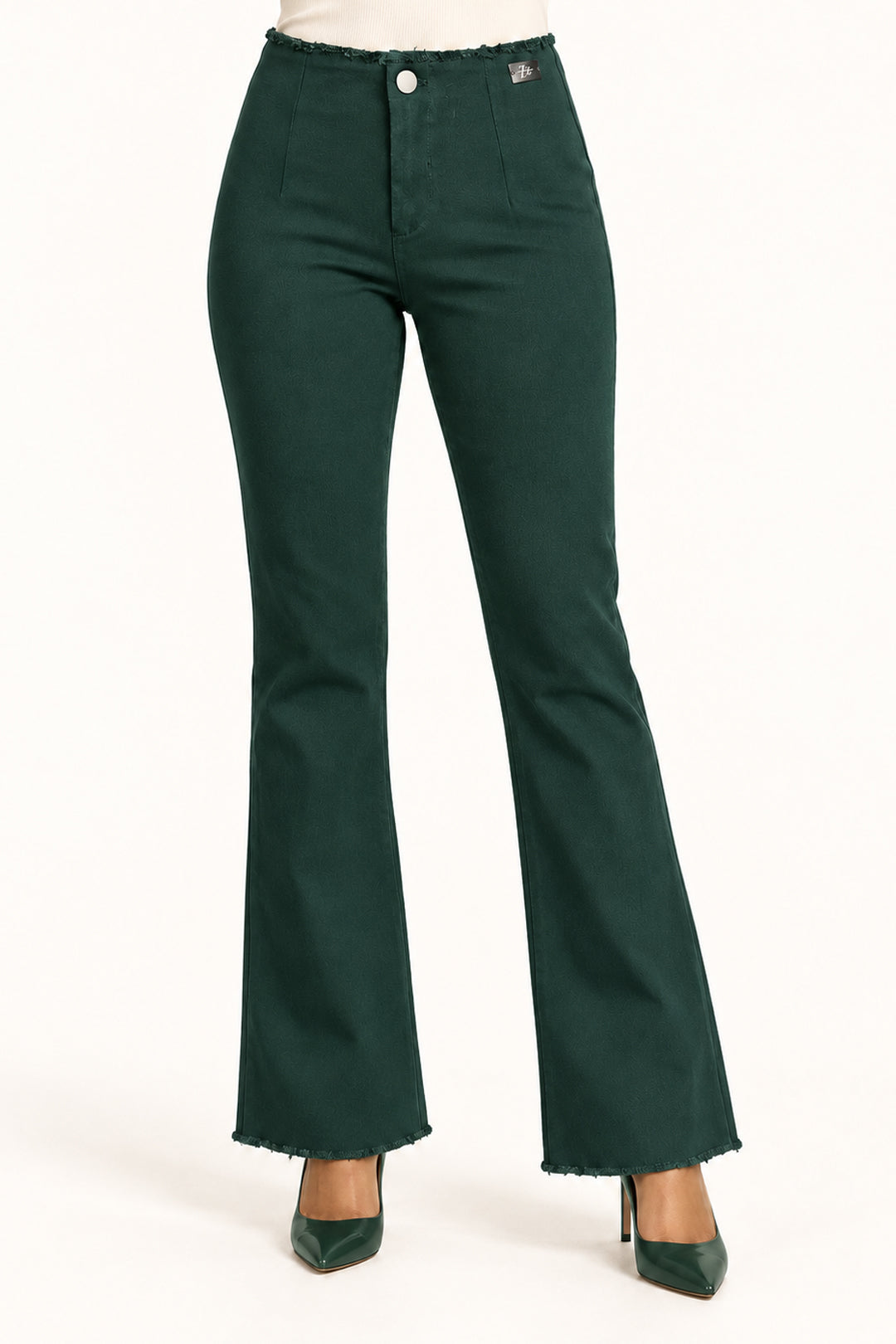 Bottle Green High-Rise Bootcut Pants with Frayed Edges