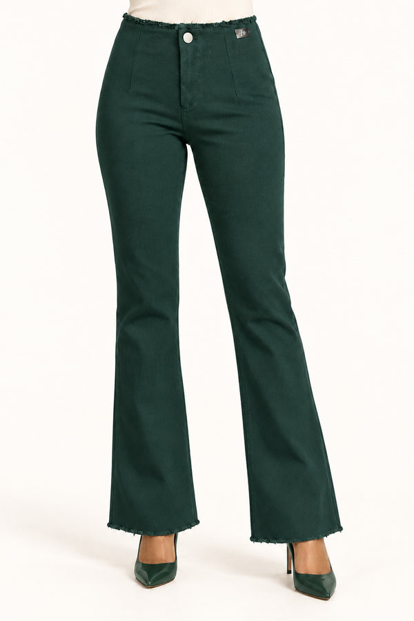 Bottle Green High-Rise Bootcut Pants with Frayed Edges