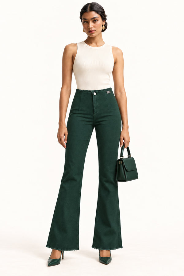 Bottle Green High-Rise Bootcut Pants with Frayed Edges