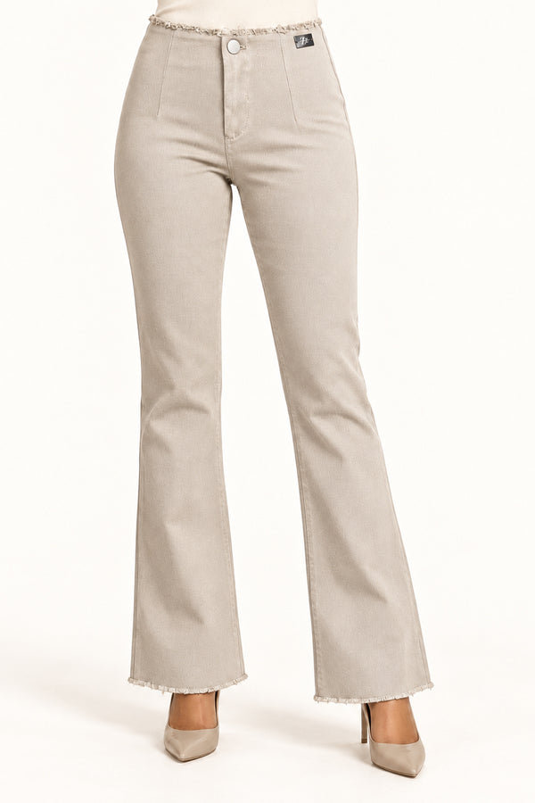 Beige High-Rise Bootcut Pants with Frayed Edges