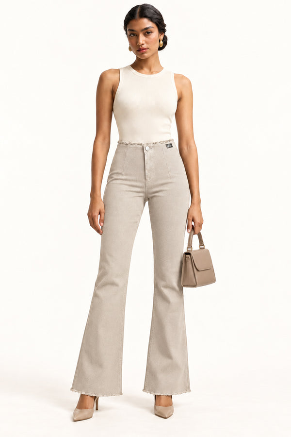 Beige High-Rise Bootcut Pants with Frayed Edges