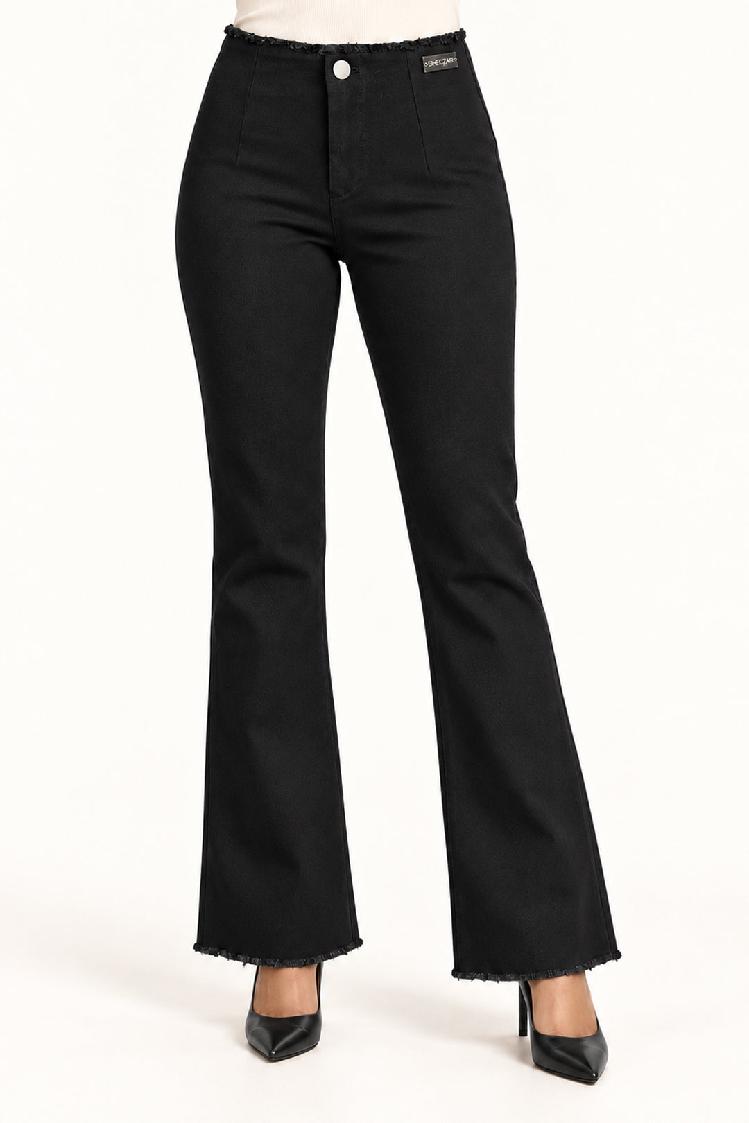 Black High-Rise Bootcut Trousers with Frayed Hem