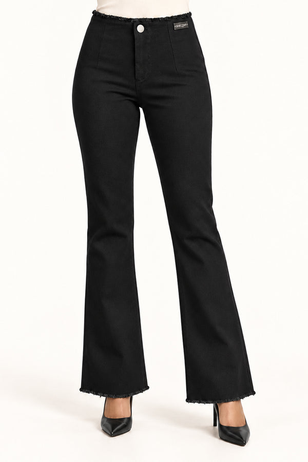 Black High-Rise Bootcut Trousers with Frayed Hem