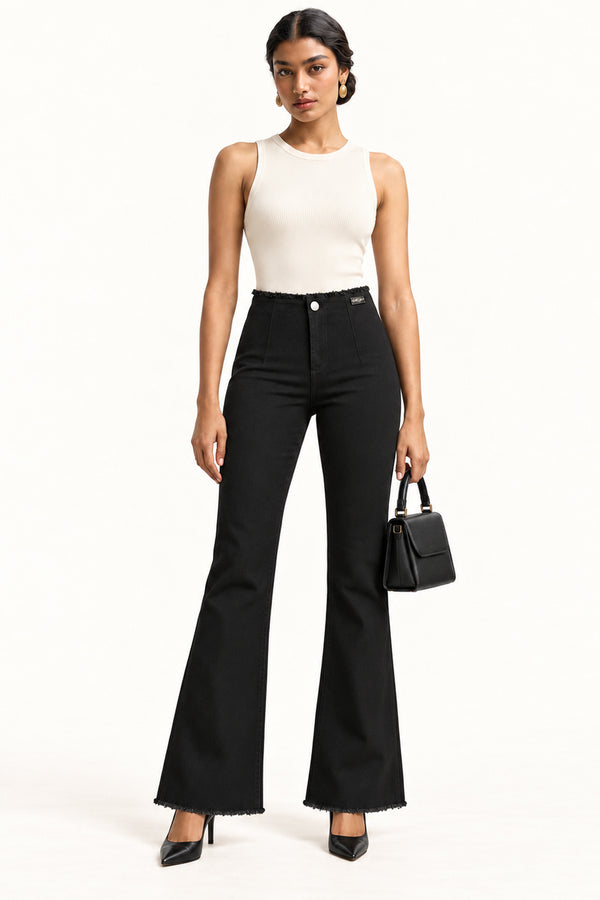 Black High-Rise Bootcut Trousers with Frayed Hem