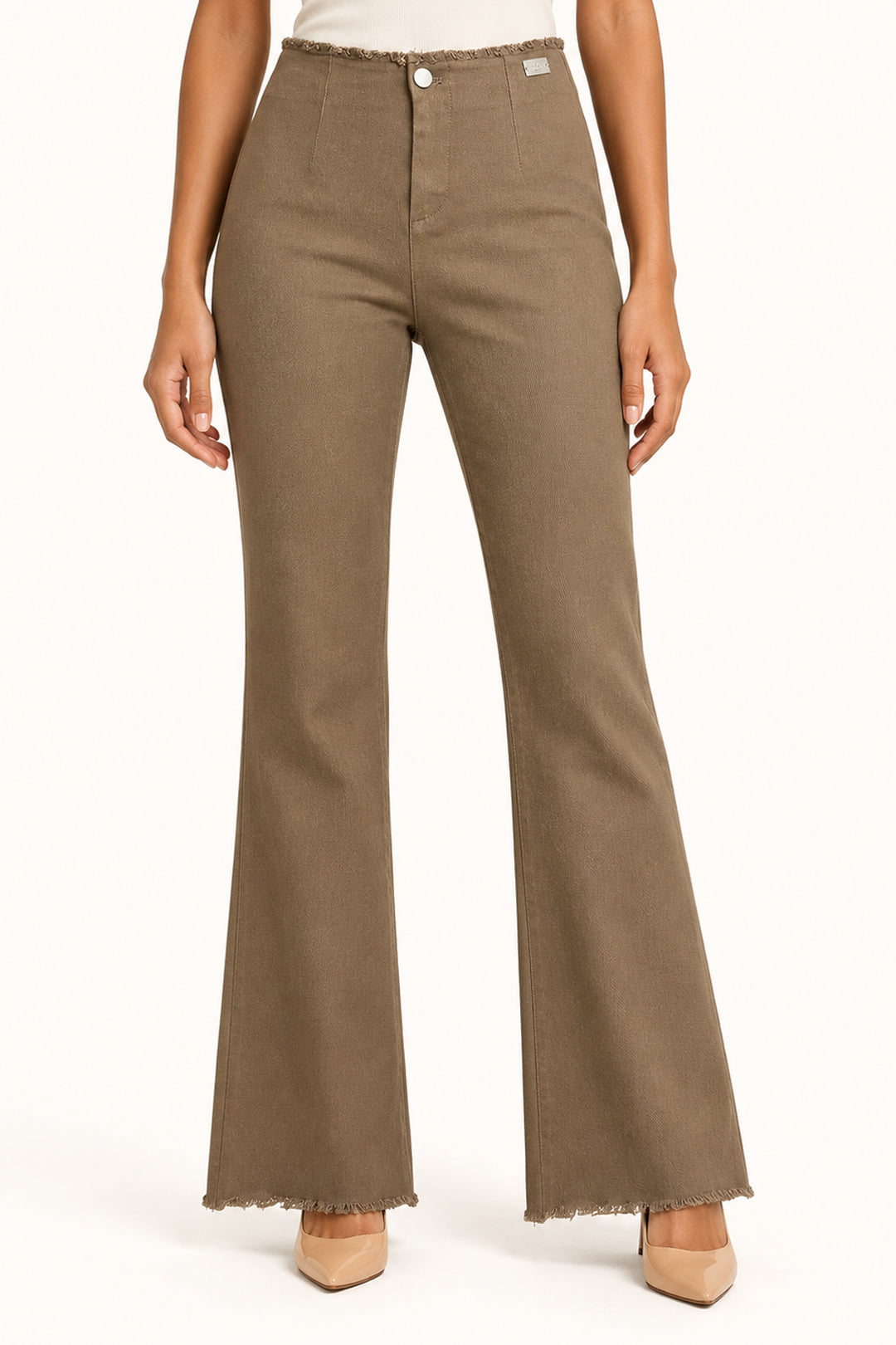 Coffee High-Rise Bootcut Trousers with Frayed Hem