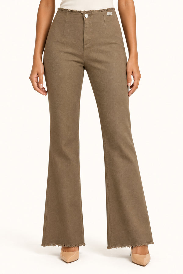 Coffee High-Rise Bootcut Trousers with Frayed Hem