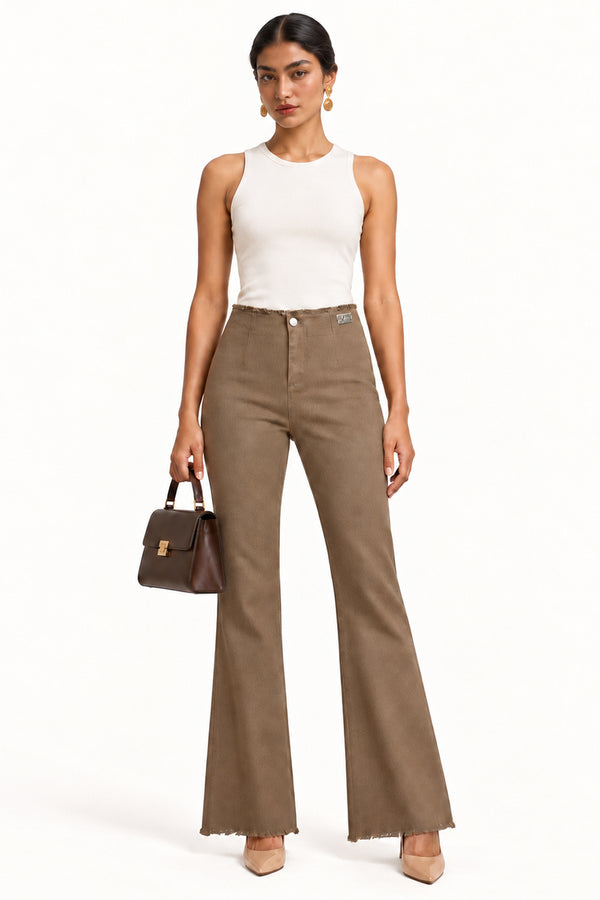 Coffee High-Rise Bootcut Trousers with Frayed Hem