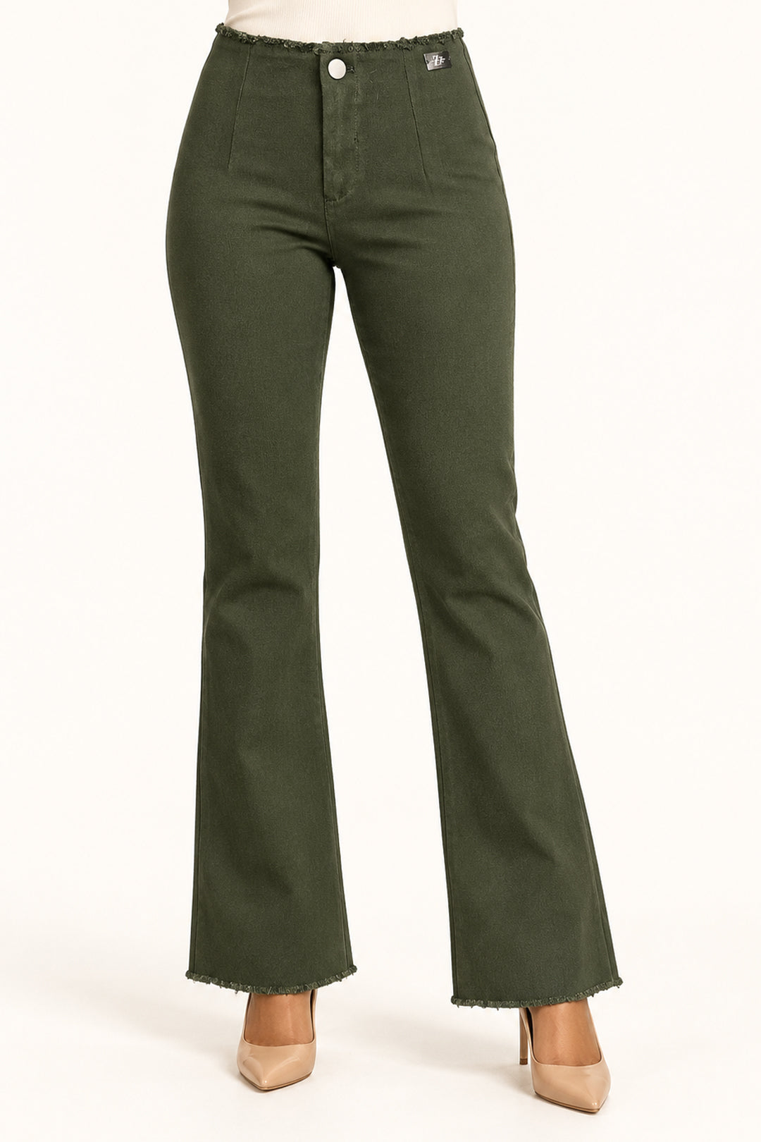Olive High-Rise Bootcut Trousers with Raw-Edge Hem