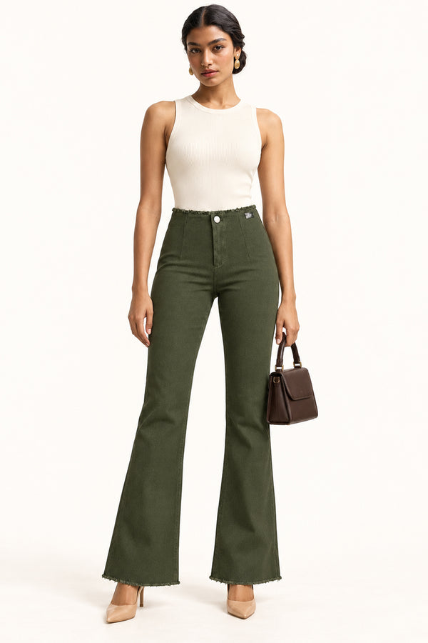 Olive High-Rise Bootcut Trousers with Raw-Edge Hem