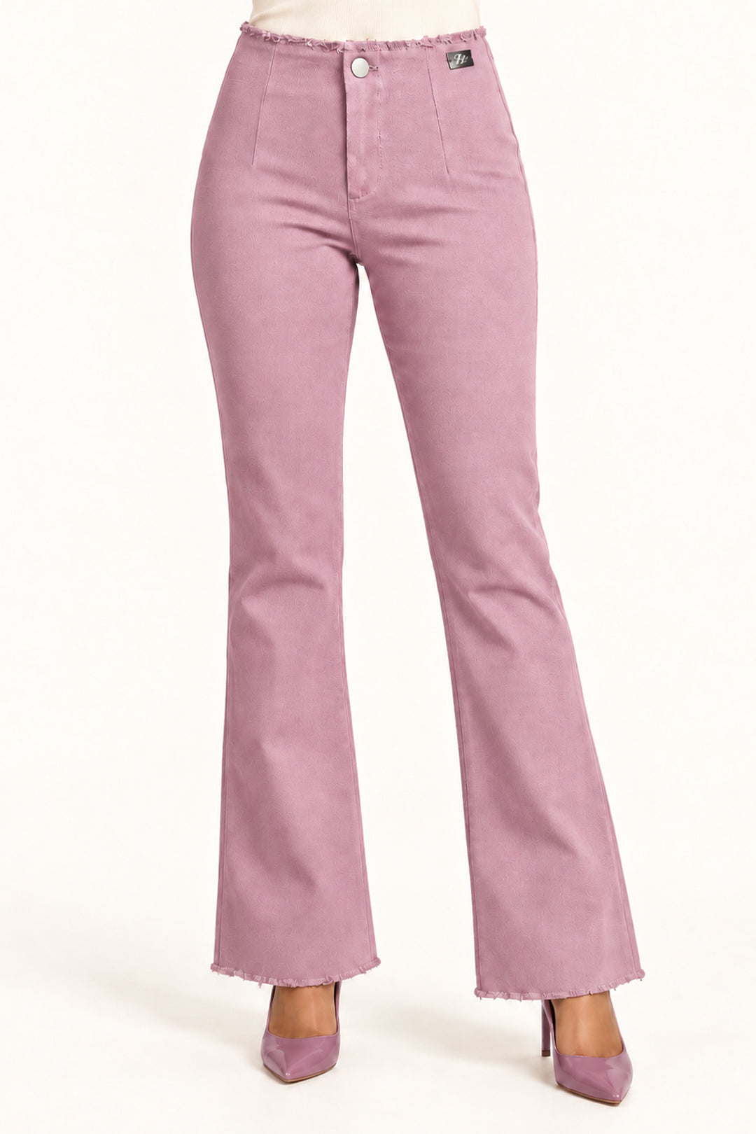 Onion Textured Twill High-Rise Bootcut Trousers with Frayed Hem