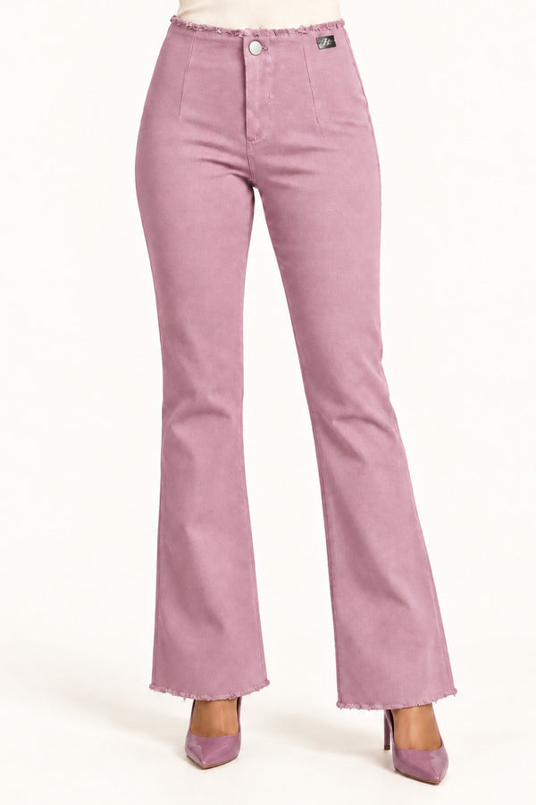 Onion Textured Twill High-Rise Bootcut Trousers with Frayed Hem