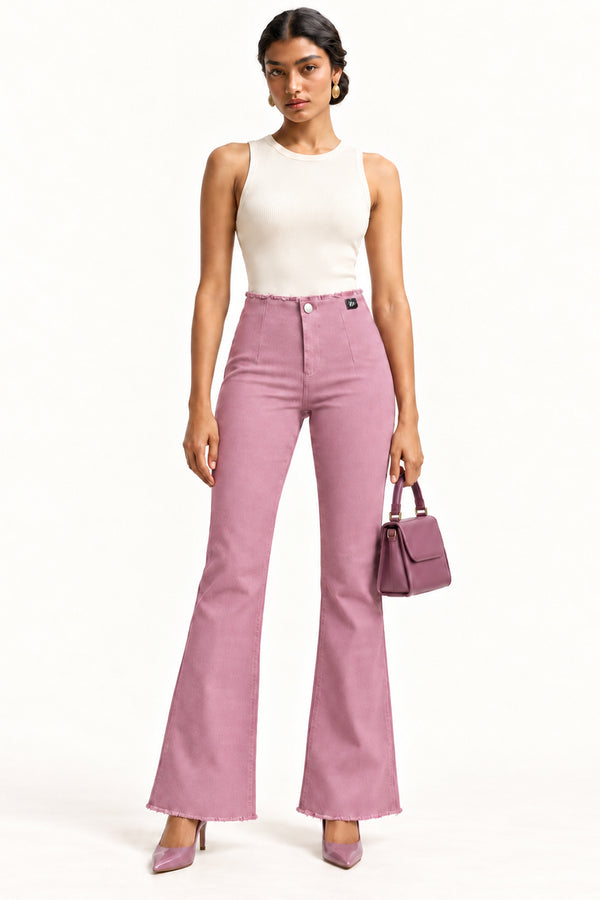 Onion Textured Twill High-Rise Bootcut Trousers with Frayed Hem