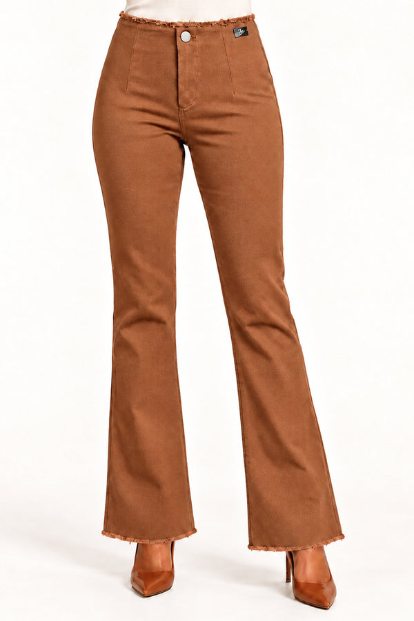 Rust Textured High-Rise Bootcut Trousers with Frayed Hem