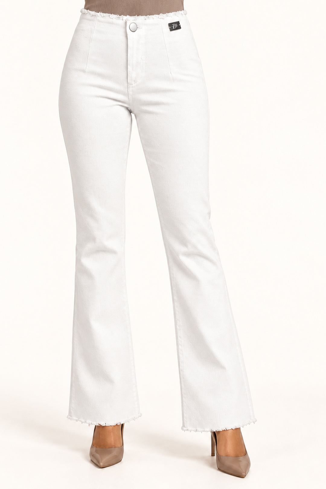 White Stretch Textured Twill High-Rise Bootcut Jegging