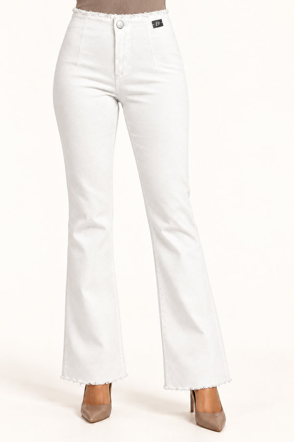 White Stretch Textured Twill High-Rise Bootcut Jegging