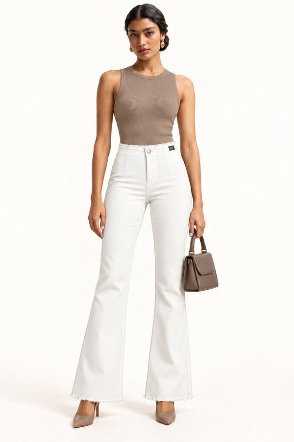 White Stretch Textured Twill High-Rise Bootcut Jegging