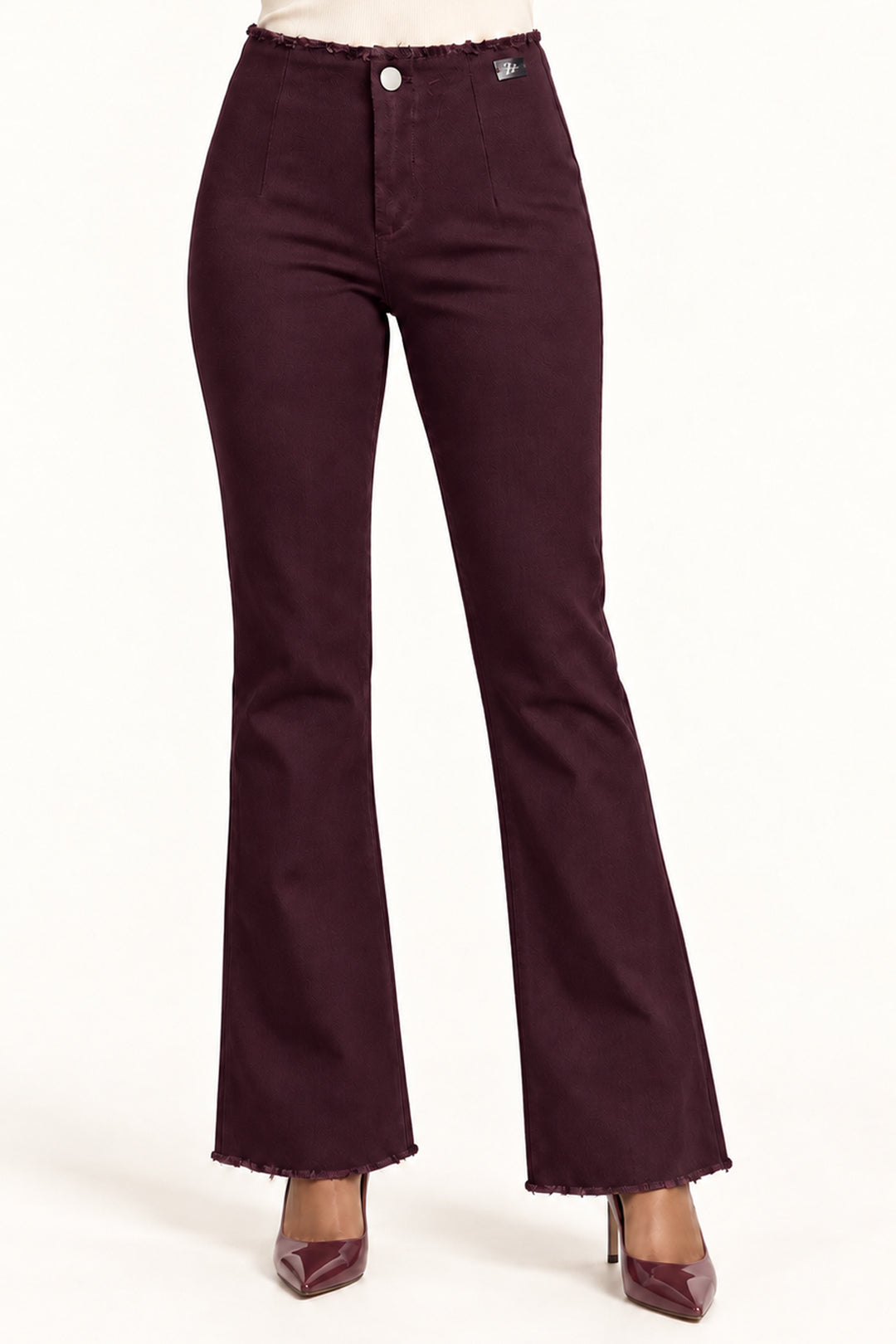 Wine Textured Twill High-Rise Bootcut Trousers with Frayed Hem