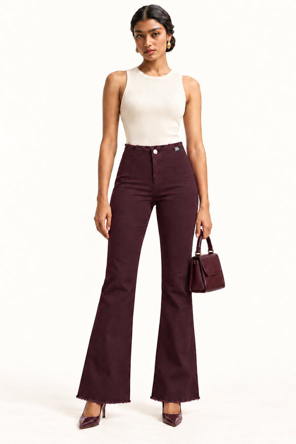 Wine Textured Twill High-Rise Bootcut Trousers with Frayed Hem