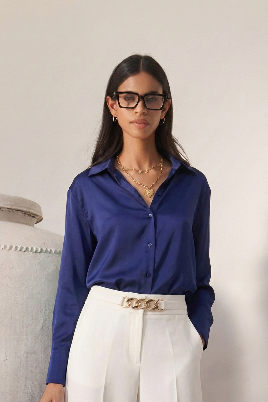 Blue Royal Luxe Satin Oversized Formal Shirt (Top) - Premium Luxury Wear