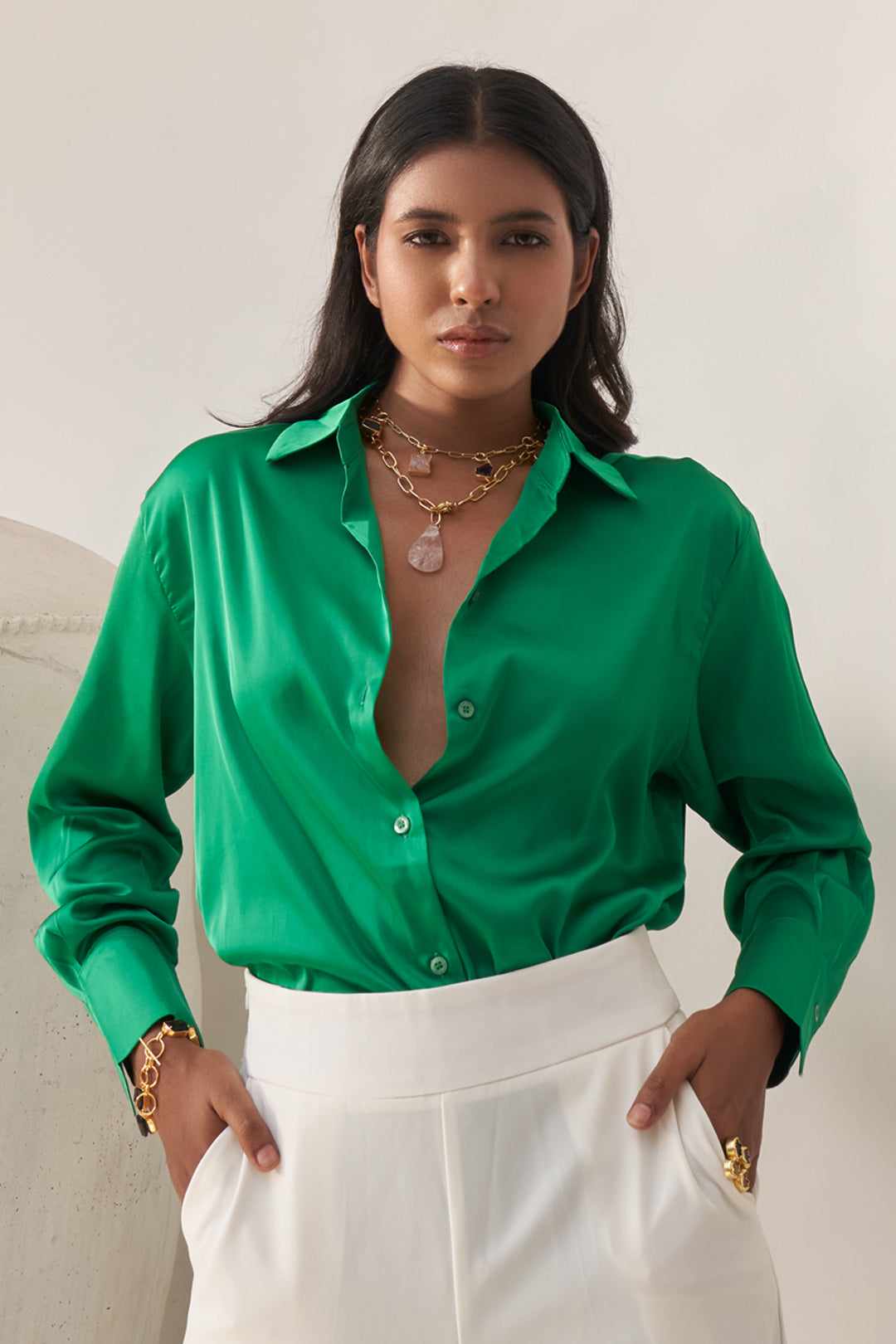 Green Royal Luxe Satin Oversized Formal Shirt (Top) - Premium Luxury Wear