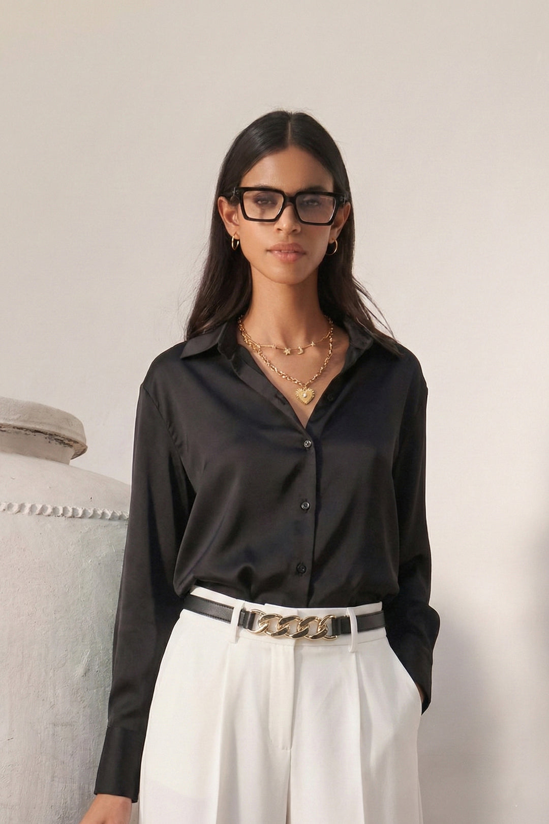 Black Royal Luxe Satin Oversized Formal Shirt (Top) - Premium Luxury Wear