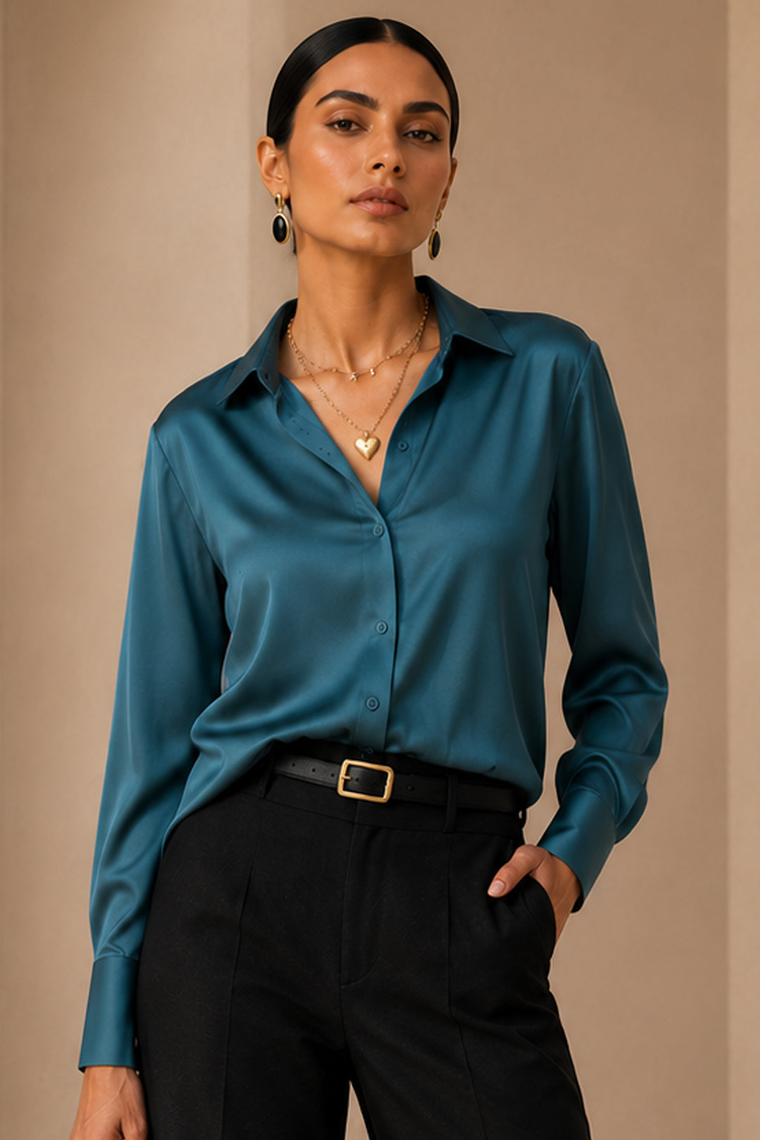Teal Royal Luxe Satin Oversized Formal Shirt (Top) - Premium Luxury Wear
