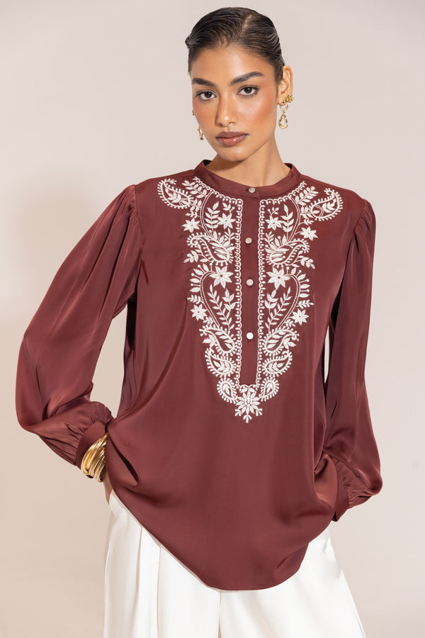 Sheczzar Maroon Luxe Embroidered Satin Top – Refined Indo-Western Elegance