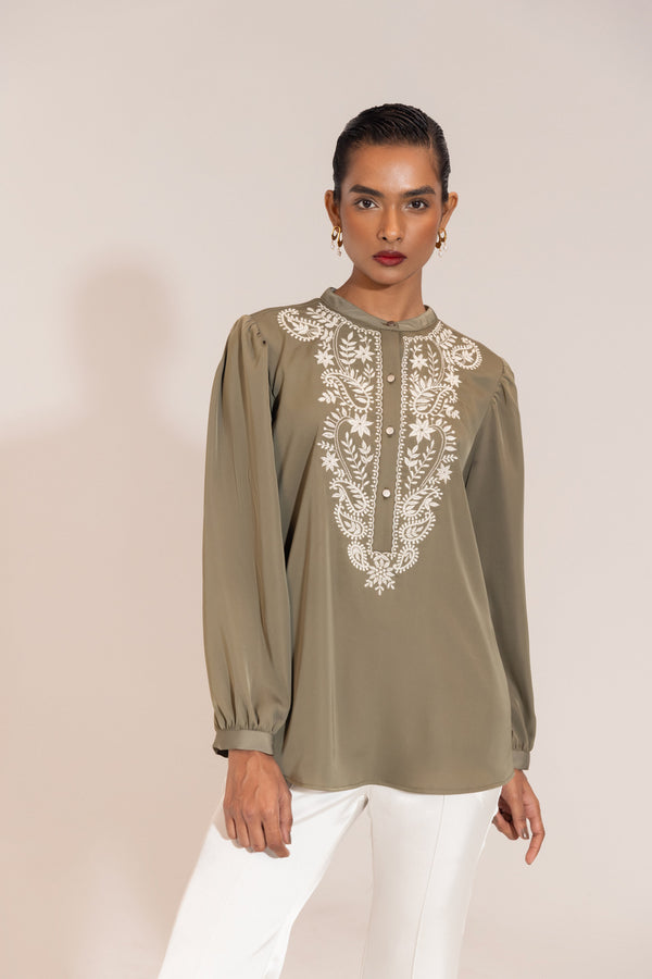Sheczzar Olive Luxe Embroidered Satin Top with White Thread Detailing