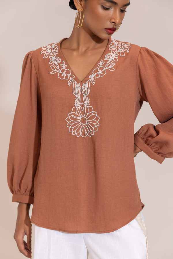 Sheczzar Terra Luxe Handworked Linen Top – Terracotta Elegance