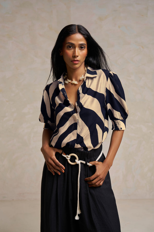 Blue & Cream Printed Linen Shirt Top – Perfect for Summer Brunch & Day Wear