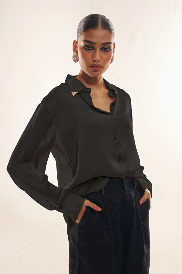 Elegant Beige Satin Party Wear Shirt with Saski Work Collar
