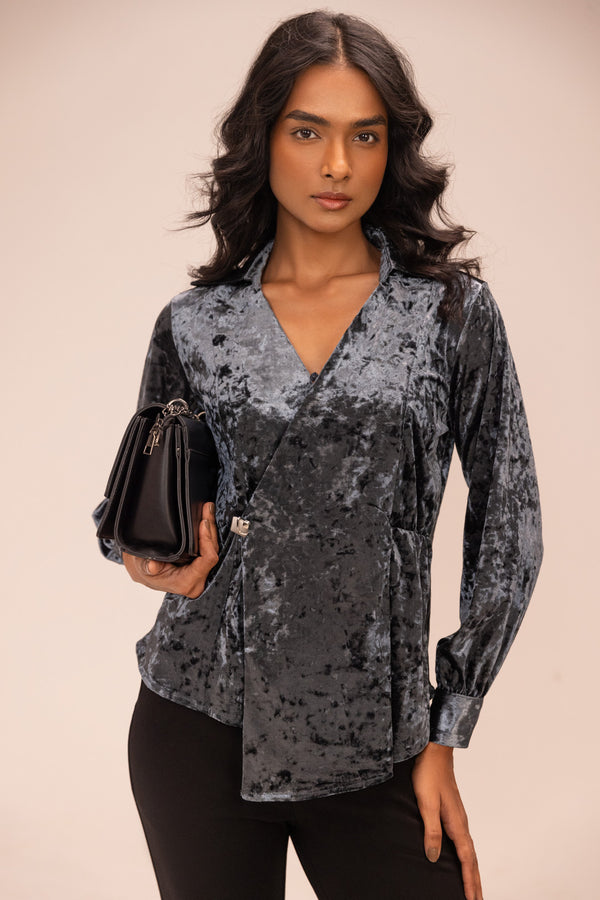 Charcoal Crushed Velvet Draped Top | SHECZZAR Luxe Eveningwear
